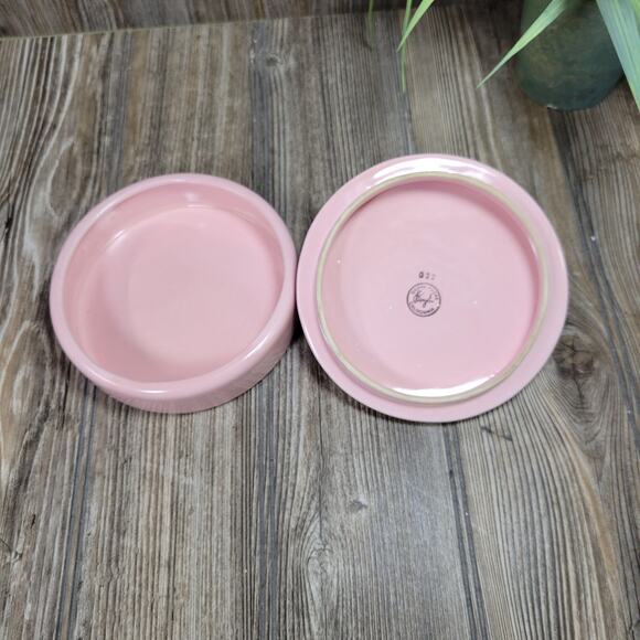 Vintage Powder or Trinket Box, Pink Ceramic Round, Flowers & Rhinestones - Picture 3 of 7